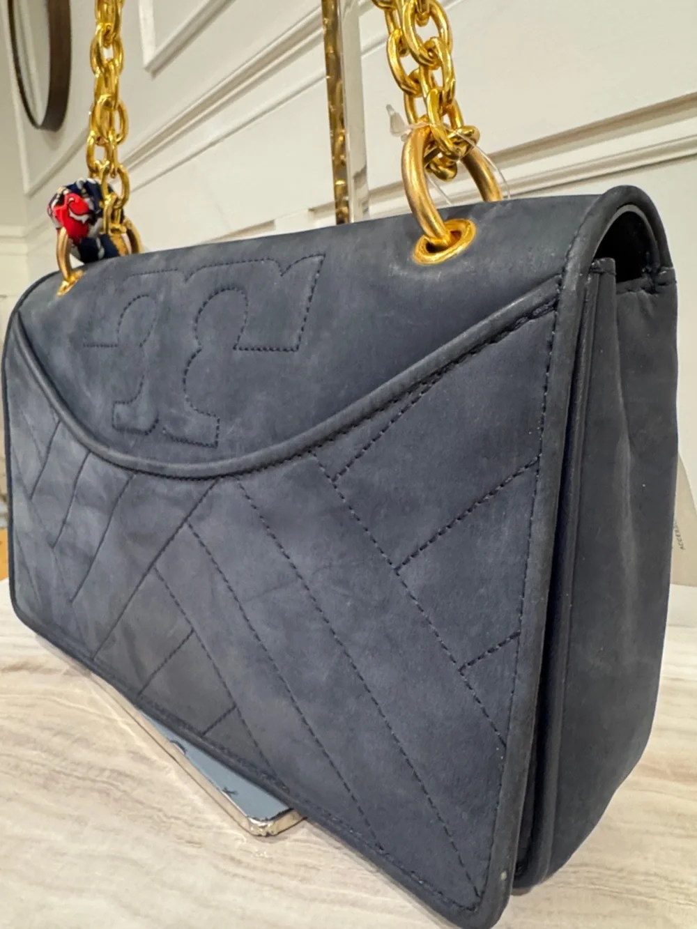 Tory Burch Bag Alexa Convertible Nubuck Suede Dark Navy Chevron Shoulder Bag - Picture 7 of 17